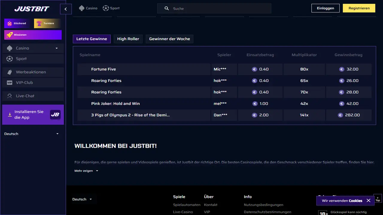 Justbit Casino Startseite (Footer)