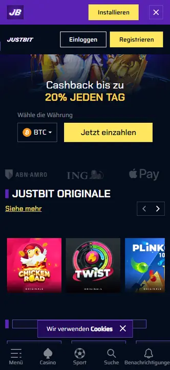 Justbit Casino mobile view – Screenshot